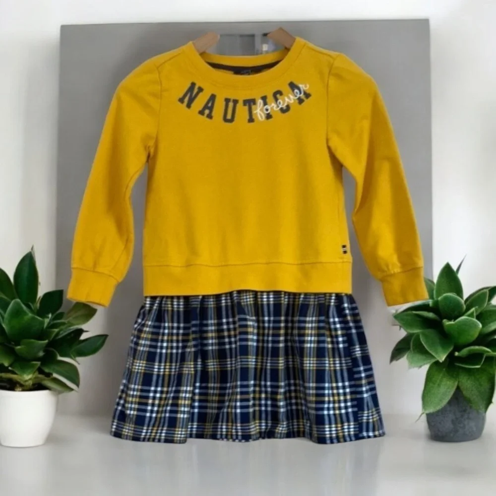 Nautica -Girls’ Sweatshirt Dress Yellow & Plaid, Long Sleeve, Preppy Style